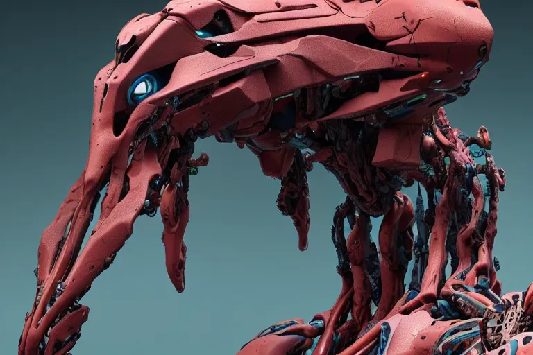 Prompt: portrait of a posed hyper detailed plowhorn evangelion realistic mechanical and fleshy organic creature similar look as horizon forbidden west horizon zero dawn bioluminiscence in a dark deep forest at dawn in spring, with reflection and textures, by kilian eng, substance painter reaslitic mech surface metal painted scratches