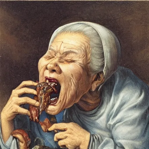 Prompt: an image of an old woman opening her mouth extremely wide and swallowing a whole goat like a pill