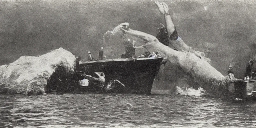 Image similar to a boat being grabbed by a giant underwater hand, 1 9 0 0 s photograph