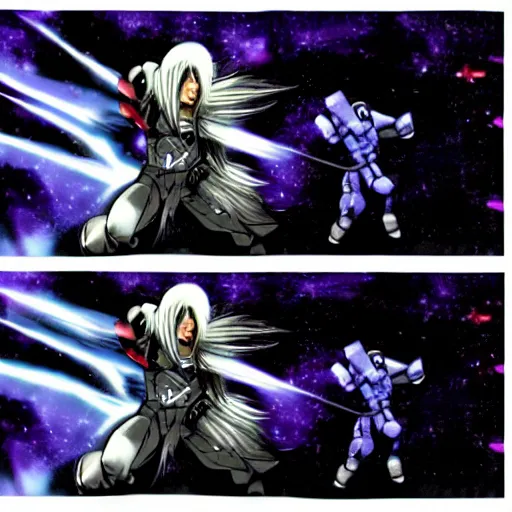 Prompt: Sephiroth body slamming Megatron in outer space