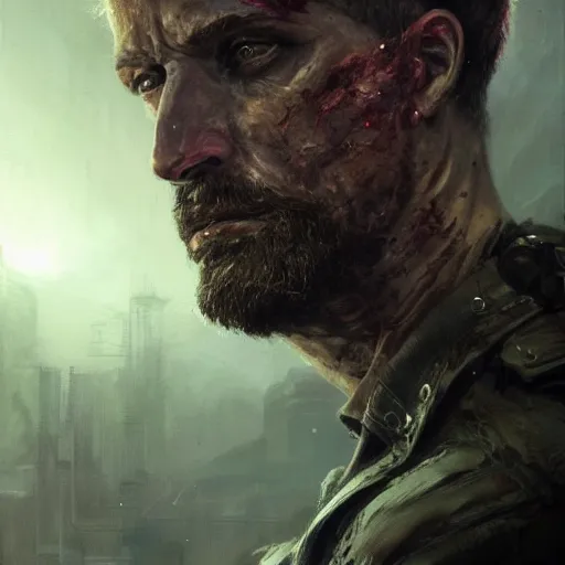 Image similar to armitage, colonel willis corto, aged shaggy ex military soldier, cyberpunk, painted by seb mckinnon, high detail, dramatic light, digital art, painted by greg rutkowski, promotional movie posterart, trending on artstation