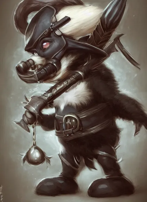 Prompt: cute little anthropomorphic skunk hunter wearing bindrain (eyepatch), tiny, small, miniature animal, baby animal, short, pale black armor, cute and adorable, pretty, beautiful, DnD character art portrait, matte fantasy painting, DeviantArt Artstation, by Jason Felix by Steve Argyle by Tyler Jacobson by Peter Mohrbacher, cinematic lighting