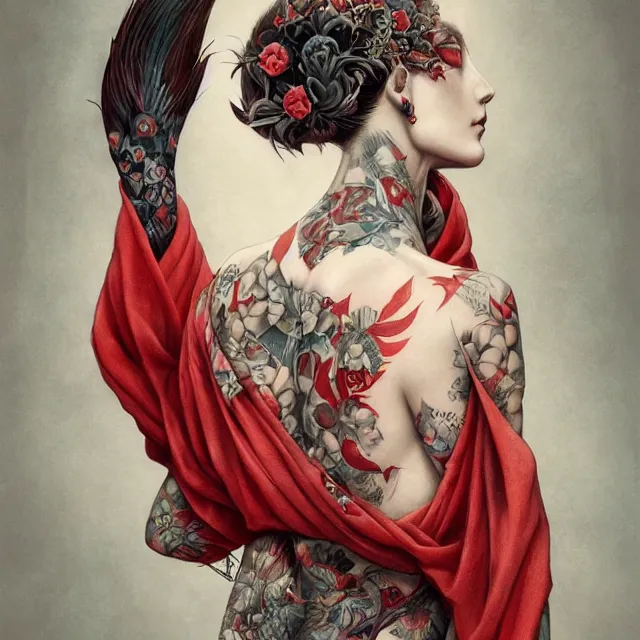 Image similar to ultra realistic illustration, beautifulwoman dressed in red kimono, backview, tattoos, in the style of peter mohrbacher by weta digital and beth cavener, high face symmetry, intricate, masterpiece, award winning, high face symmetry, intricate