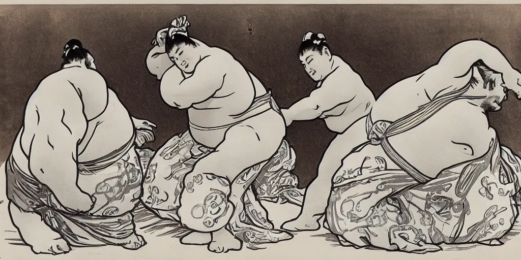 Image similar to sumo wrestling, Alphonse Mucha