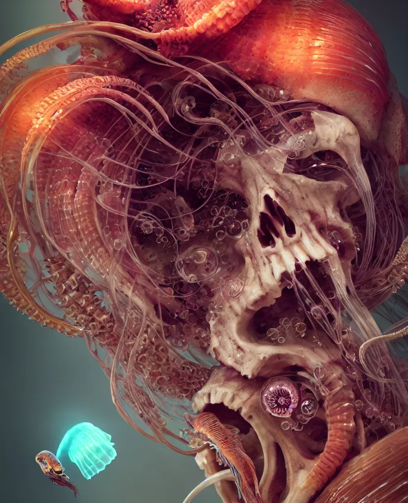 Image similar to goddess close-up portrait ram skull. jellyfish phoenix head, nautilus, orchid, skull, betta fish, bioluminiscent creatures, intricate artwork by Tooth Wu and wlop and beeple. octane render, trending on artstation, greg rutkowski very coherent symmetrical artwork. cinematic, hyper realism, high detail, octane render, 8k