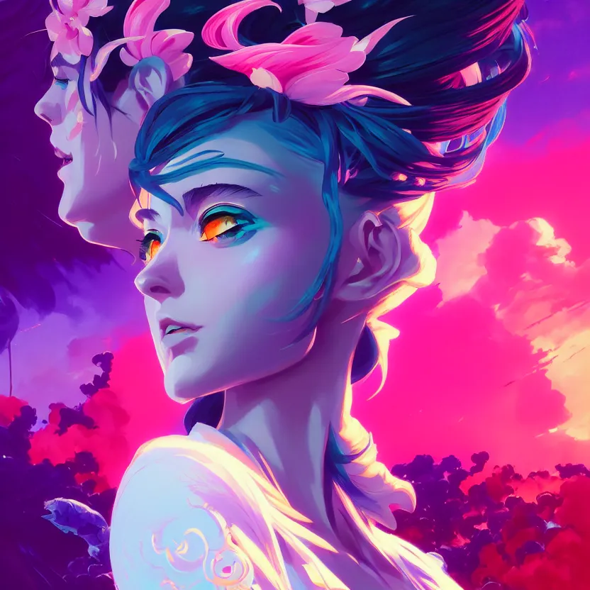 Prompt: side profile macro portrait, medium shot, supermodel anime girl with synthwave flower, gloomhaven, colorful swirly retrowave style fantasy poster, by greg manchess, lois van baarle, sachin teng, greg rutkowski, jesper ejsing, ilya kuvshinov, extremely detailed 4 k,