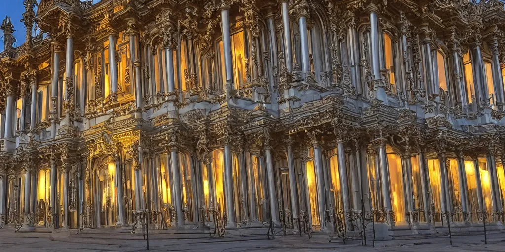 Image similar to extremely detailed ornate stunning sophisticated beautiful elegant victorian museum exterior by Henry Young Darracott Scott and Francis Fowke, stunning volumetric light, stainless steal, concrete, translucent material, beautiful sunset, tail lights