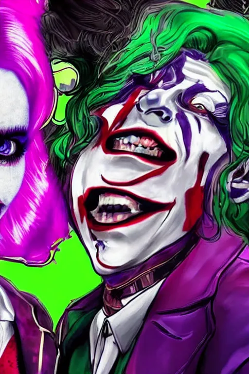 Prompt: joaquin phoenix as joker and lady gaga as harley quinn, remove duplicate content!!!!, violet polsangi pop art, gta chinatown wars art style, bioshock infinite art style, incrinate, realistic anatomy, hyperrealistic, green and purple color, white frame, content balance proportion