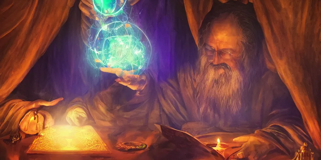 Image similar to wizard doing a tarot reading, cards, fantasy, digital art, soft lighting, 4 k, trending on artlist, medium close up