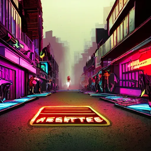 Image similar to neon lit dystopian city street lined with broken robots and metal