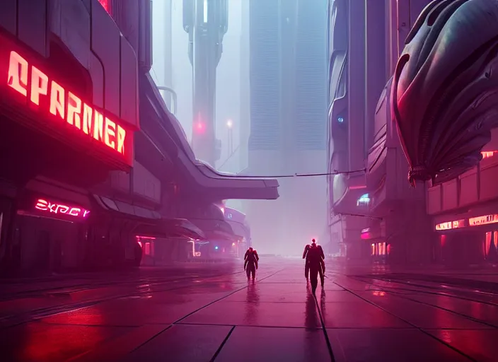 Prompt: a xenomorph colony blade runner 2 0 4 9 city architecture, spacex starship rocket launch, environmental lighting, stromy weather, ray tracing, people walking in street, amazing view, futuristic, highly detailed, heavy traffic, neon shops, octane render, unreal engine 5, artstation, 4 k