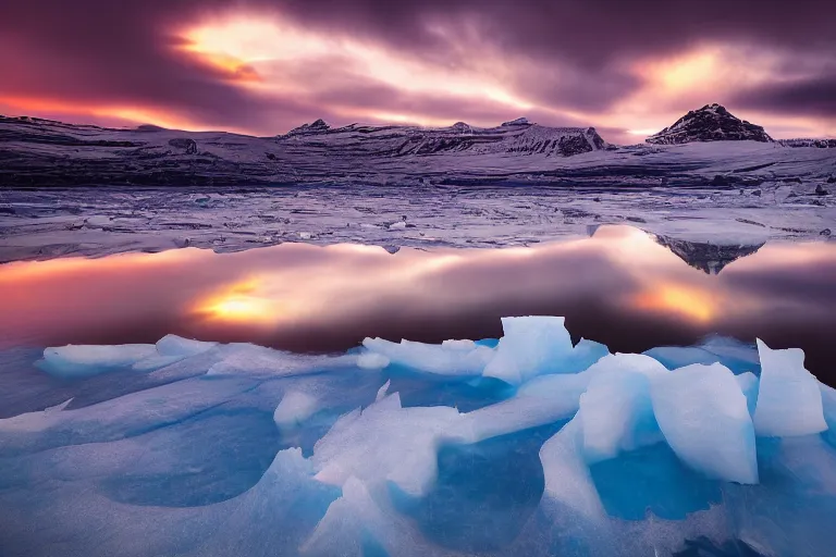 Prompt: landscape photography by marc adamus, glacial lake, jokulsarlon, sunset, lake