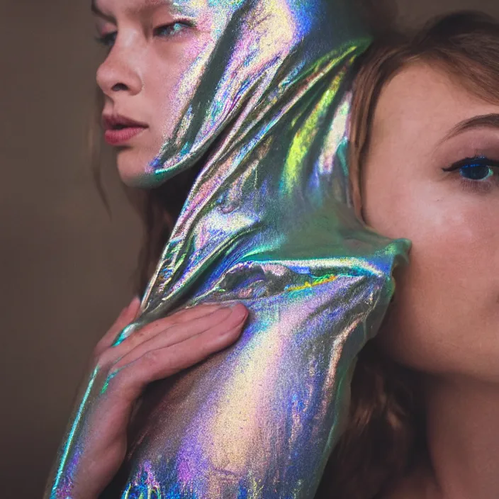 Image similar to closeup portrait of a woman wrapped in iridescent foil, standing in a grocery store, dirty grocery store, grungy grocery store, color photograph, by vincent desiderio, canon eos c 3 0 0, ƒ 1. 8, 3 5 mm, 8 k, medium - format print