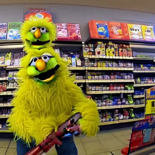 Image similar to Evil Sesame street Big Bird robbing a convenience store with an Ar15 gun