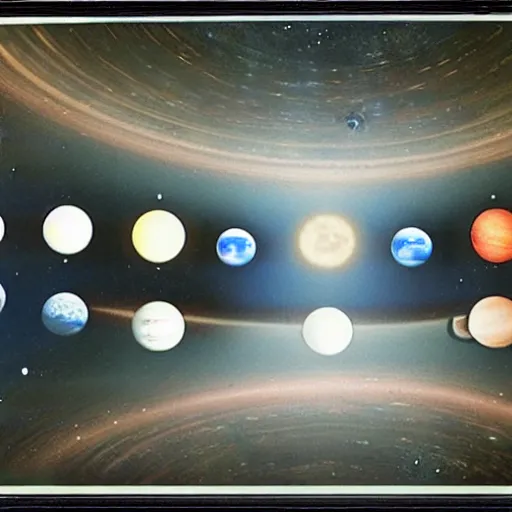 Image similar to dark room with shining globes of different planets,