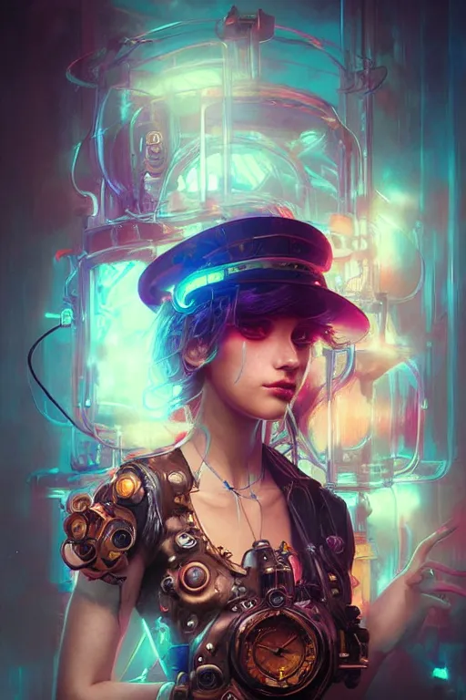 Image similar to portrait of a psychedelic steampunk girl with biotechnical parts and neon light by Artgerm and Greg Rutkowski , digital painting, highly detailed, trending on artstation