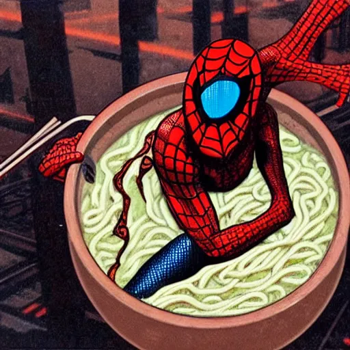 Image similar to spiderman eating ramen in a liminal space, H.R. Giger, creepy, found footage, liminal space, realistic, 4k