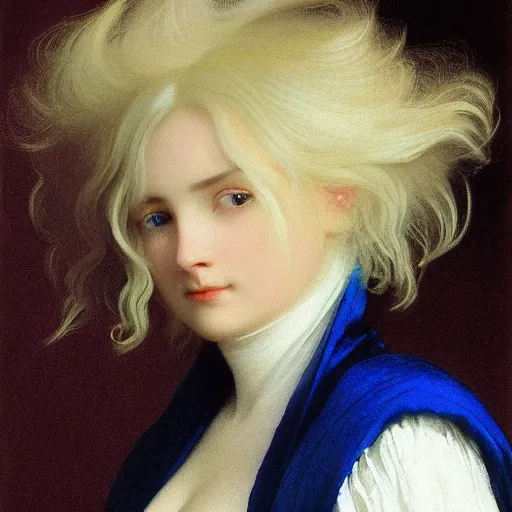 Image similar to young woman's face, her hair is white and she wears a cobalt blue duchesse satin cloak, by ivan aivazovsky and syd mead and moebius and gaston bussiere and roger dean and willem claesz and pieter claesz and paul delaroche and alma tadema and aelbert cuyp, hyperrealistic, volumetric light, octane