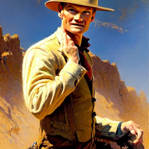 Image similar to neil patrick harris is a railroad worker, painting by gaston bussiere, craig mullins, j. c. leyendecker, tom of finland