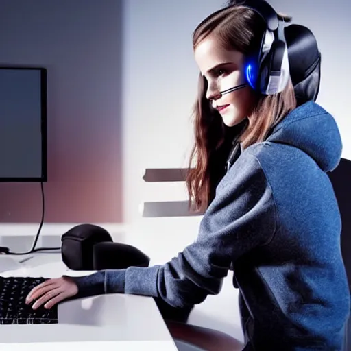 Prompt: model emma watson rgb keyboard wearing a gaming headset wearing hoodie sitting on gaming chair at desk dramatic lighting controller award winning photo