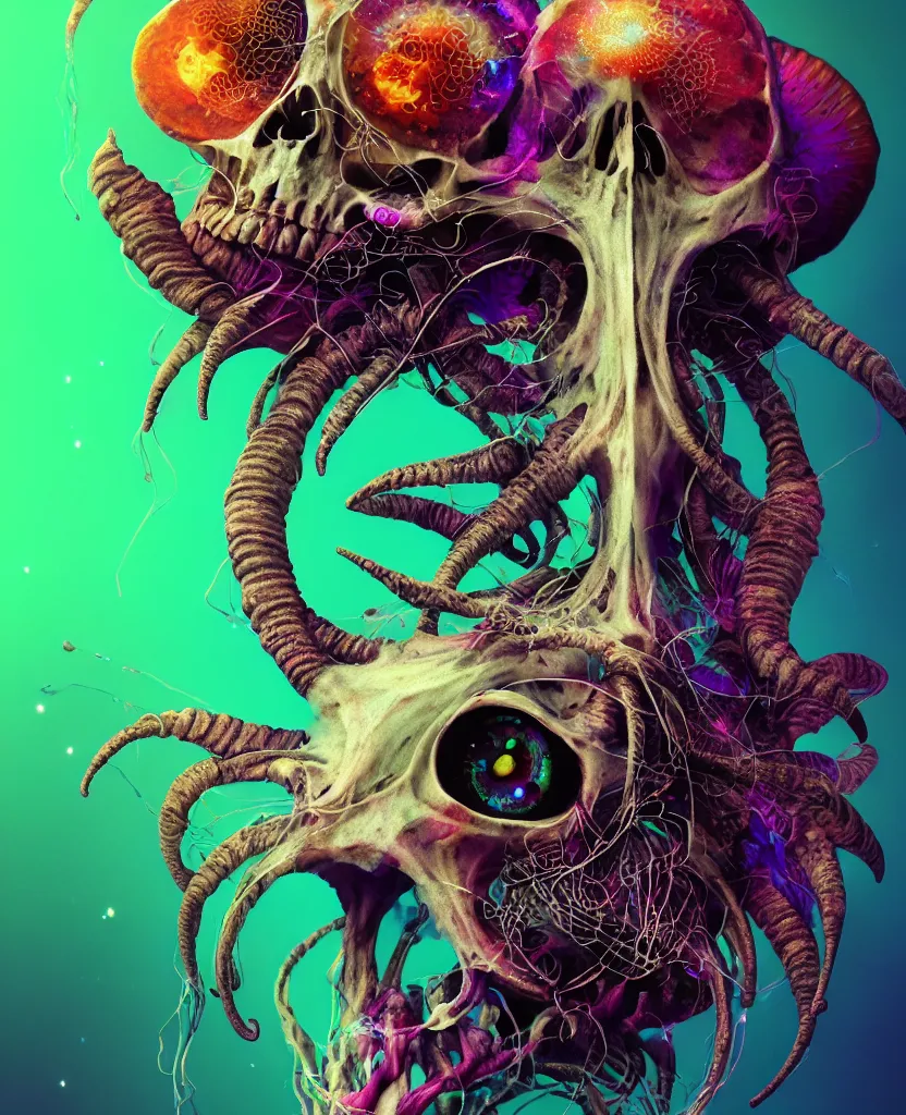 Image similar to psychedelic shaman close - up portrait goat skull. jellyfish phoenix head, nautilus, orchid, monkey skull, betta fish, bioluminiscent creatures, intricate artwork by tooth wu and wlop and beeple. octane render, trending on artstation, greg rutkowski very coherent symmetrical artwork. cinematic, hyper realism, high detail, octane render, 8 k