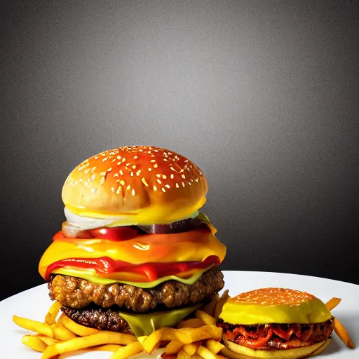 Image similar to stage photography highly detailed studio lighting food photography of a towering triple cheeseburger with melted cheese and fries on the side, stunning quality of scrumptious food