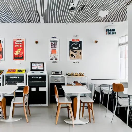 Prompt: photo of a minimalist white cafe interior with arcade machines, and retro posters on the white walls, tall interior