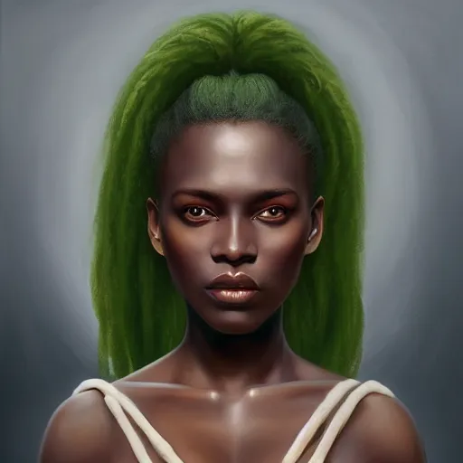 Image similar to a detailed matte oil on canvas head on symmetrical portrait of black skinned woman with long white and ( ( ( pale greenish ) ) ) hair, clothed by charlie bowater, lise deharme, wlop, trending on artstationhd, dungeons and dragons art critical role