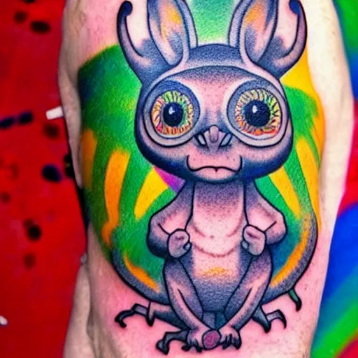 Image similar to shoulder tattoo of a multicolored hallucinating cute bush baby, eyes are rainbow spirals, happy mood, surrounded with colorful magic mushrooms and rainbowcolored marihuana leaves, insanely integrate