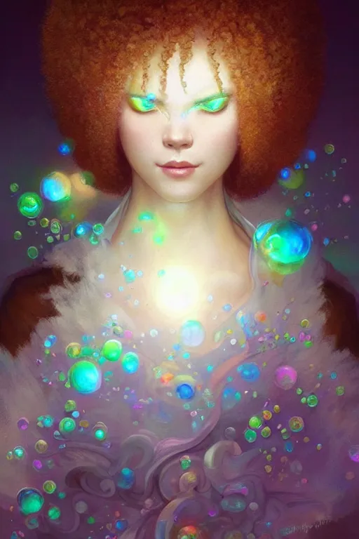 Image similar to bob ross android, dreamy and ethereal,, fantasy, intricate, elegant, rainbow bubbles, highly detailed, digital painting, artstation, concept art, smooth, sharp focus, illustration, art by artgerm and greg rutkowski and alphonse mucha