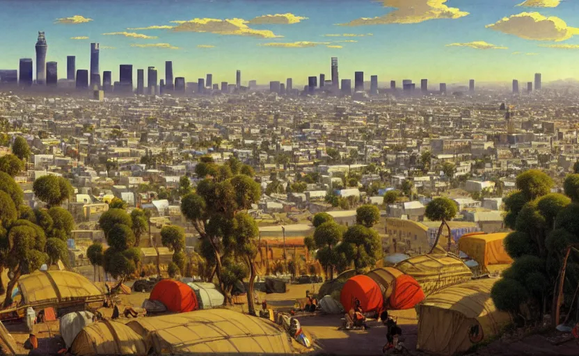 Prompt: ghibli illustrated background of strikingly beautiful skid row, los angeles, california, with strange city skyline is seen in the distance, tents, streets by vasily polenov, eugene von guerard, ivan shishkin, albert edelfelt, john singer sargent, albert bierstadt 4 k, ultra wide