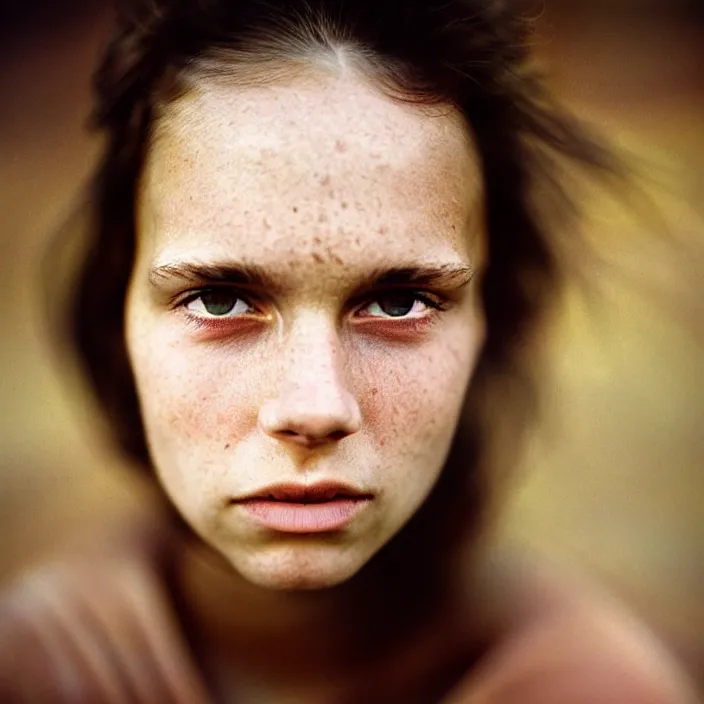 Image similar to Kodak Portra 400, 8K, highly detailed, britt marling style 3/4 dramatic photographic Close-up face of a extremely beautiful girl with clear eyes and brown hair , high light on the left, illuminated by a dramatic light, Low key lighting, light dark, High constrast, dramatic , Steve Mccurry, Lee Jeffries , Norman Rockwell, Craig Mulins ,dark background, high quality, photo-realistic.