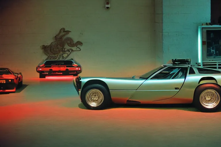 Image similar to stylized poser of a single 1973 Citroen DM Miura ((McLaren F1)) ((DeLorean)), thick neon lights, ektachrome photograph, volumetric lighting, f8 aperture, cinematic Eastman 5384 film