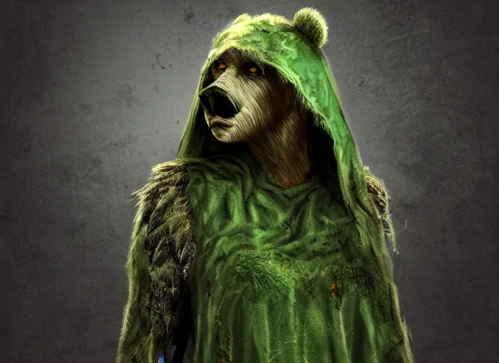 Prompt: character and environment design, portrait 2 0 - year - old dark fantasy female druid, tattered bear hood and robe, full front, green light, zeiss 3 5 mm photography