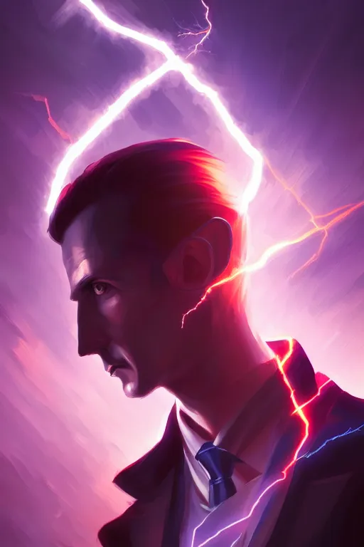 Image similar to nikola tesla, lightning, portrait, sharp focus, digital art, concept art, dynamic lighting, epic composition, colorful, trending on artstation, by emylie boivin 2. 0, rossdraws 2. 0