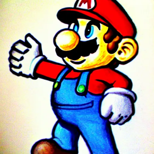 Image similar to child's drawing on mario from super mario brothers, crayon