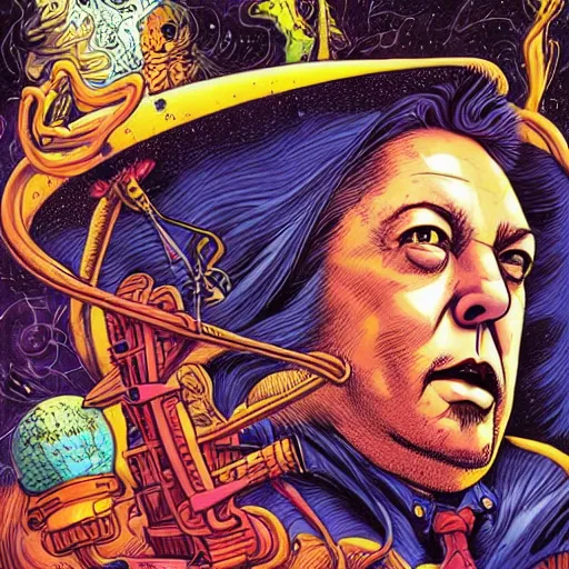 Prompt: precisely drawn illustration of Elon Musk blended with Jerry Garcia, wide angle, sharp, fine details, French comic style, vibrant realistic colors, full color, heroic fantasy, intense line art, 8k, precise linework, realistic, in the style of Heavy Metal Comics and Richard Corben and Moebius