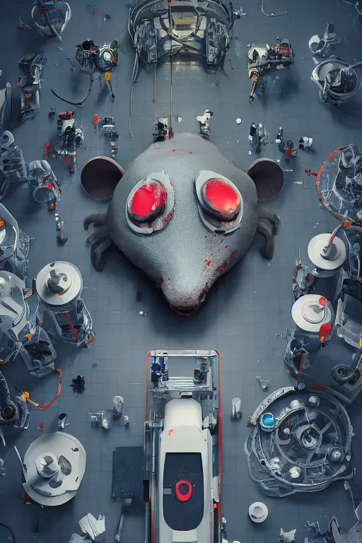 Prompt: top view of many mechanics in lab facility looking at bloody disney mouse head lifted by claw, made by beeple, cgsociety, artgerm, greg rutkowski, highly detailed intricate 4 k art, low light cinematic, octane render, unreal engine, smooth concept art