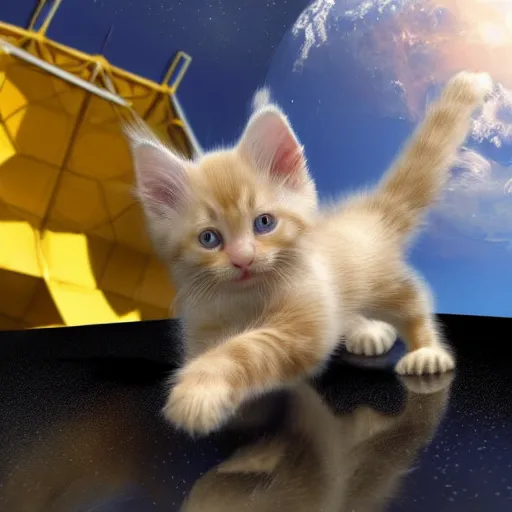 Prompt: 3D realistic action sequence of an astronaut ((cream colored maine coon kitten)) floating next to the James Webb Telescope in outer space, an unopened bag of kitty litter floats nearby, in the background friendly cute cute cute alien spacecraft