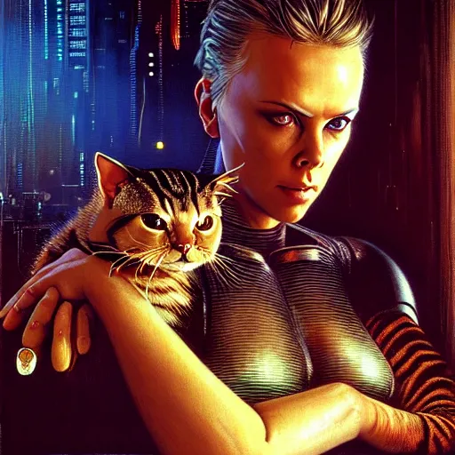 Prompt: cyberpunk charlize theron petting cat, cybertronic gadgets, dirty colours, rotten textures, rusty shapes, biotechnology, bao pnan, tim hildebrandt, wayne barlow, bruce pennington, donato giancola, larry elmore, oil on canvas, denoise, masterpiece, featured on pixiv, cinematic composition, hyper - detailed, hd, hdr