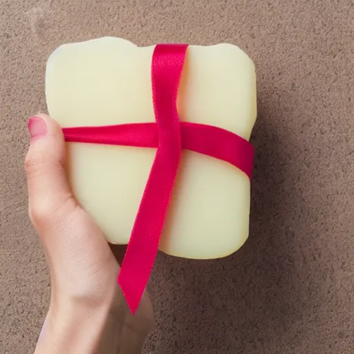 Image similar to a hand holding up a hand made scented bar of soap with a ribbon around it, soap shop in the background, studio advertising photography