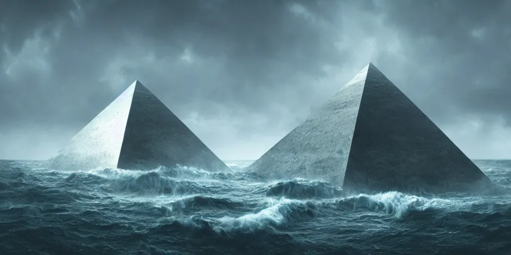 Prompt: titanium white pyramid in the middle of a stormy ocean, crashing waves, alien creatures scattered around, art direction by beeple, enigmatic scene, rembrandt lighting, y 2 k aesthetic, 4 k, high detail