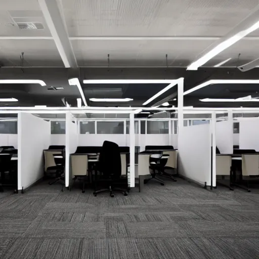 Prompt: HD photo of an office full of cubicles. The scene is dark and foreboding. A thin layer of fog covers the floor. Dark shapes of office workers move in the background.