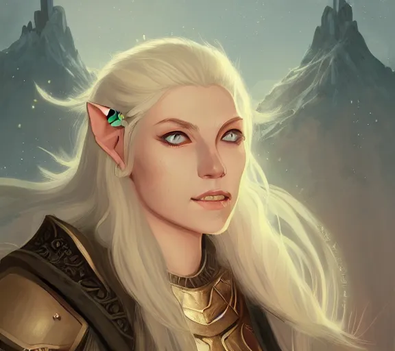 Prompt: the elder scrolls vi a portrait of a blond elven princess warrior portrait near the epic entrance to a city. illustration by atey ghailan