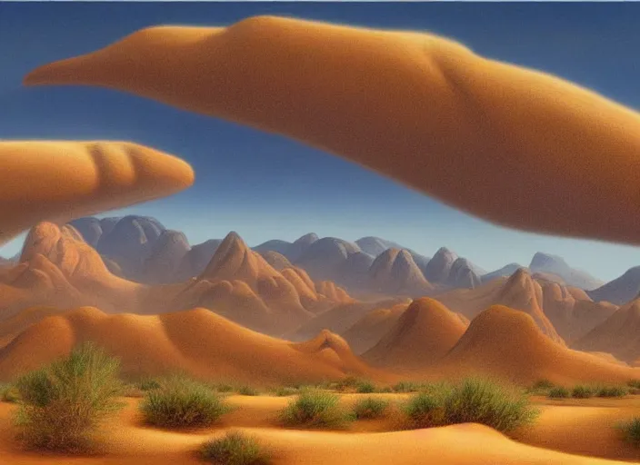 Image similar to painting of a desert landscape with mountains in the background, an airbrush painting by clarence holbrook carter, pinterest, american scene painting, terragen, matte painting, apocalypse landscape