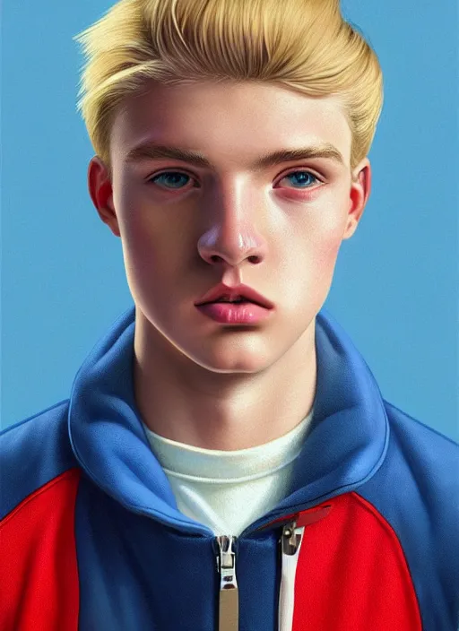 Image similar to portrait of a high school senior boy named moose mason, blonde short hair, jock, beefy, square jaw, square facial structure, 1 9 5 0 s, blue varsity jacket, intricate, elegant, glowing lights, highly detailed, digital painting, artstation, concept art, smooth, sharp focus, illustration, art by wlop, mars ravelo and greg rutkowski