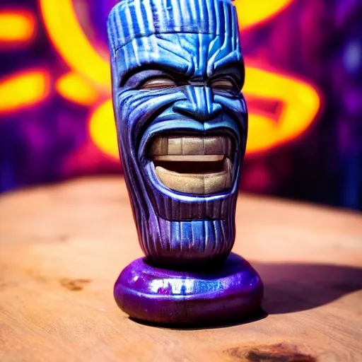 Image similar to a closeup photorealistic photograph of a glossy thanos style tiki mug sitting at a trader vic's bar featuring the face of thanos. tiki party. bright scene. fine detail. this 4 k hd image is trending on artstation, featured on behance, well - rendered, extra crisp, features intricate detail, epic composition and the style of unreal engine.