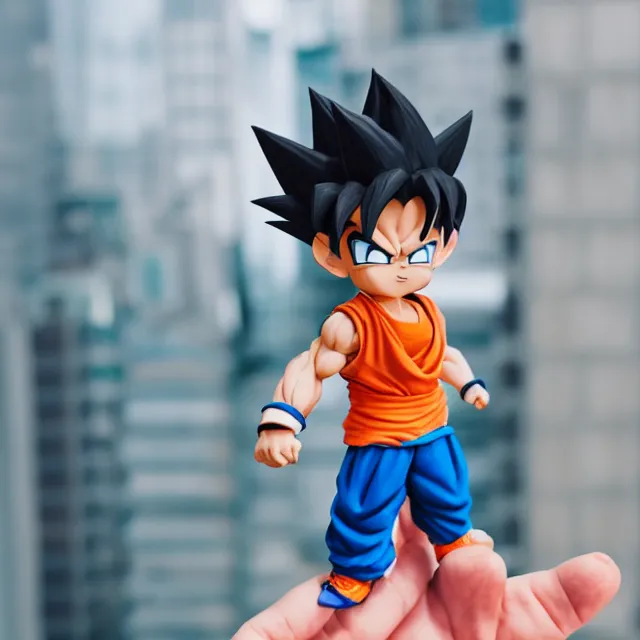 Image similar to goku chibi cute made of clay, full body, hyper detailed, 3 5 mm, f 1. 2, city background, bokeh