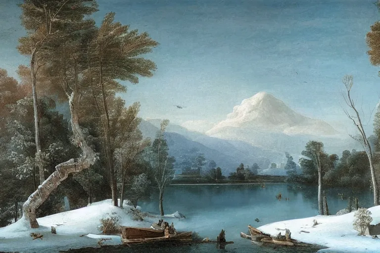 Image similar to beautiful landscape with winter and lake and tropical trees, mythology, fantasy, landscape background, vivid colors, digital painting, very detailed, realistic, high quality, by claude lorrain