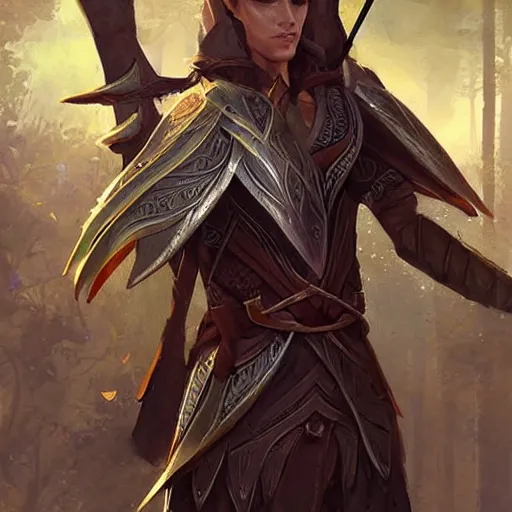 Image similar to male elven Archer armor made of leaves, epic fantasy digital art, fantasy style art, by Greg Rutkowski, fantasy hearthstone card art style